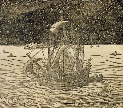 Marinheiros seguindo a rota do norte, gravura da Cosmologia Universal, de Andre Thevet (1504-1592), Paris de Andre Thevet