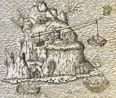 Técnica de transporte para barcos na Ilha de Creta, gravura da La Cosmographie Universelle, de Andre Thevet de Andre Thevet