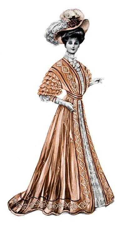 Mulher usando um vestido longo e um chapéu, 1908-1909. de Andre and Sleigh