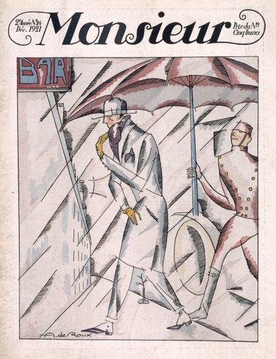 Homem de capa de chuva, capa da revista "Monsieur", número 24, pub. Dezembro de 1921 (impressão pochoir) de Andre de Roux