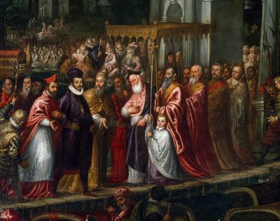 Doge Mocenigo e o Patriarca Trevisan dão as boas-vindas a Henrique III ao Lido em 1574 de Andrea Vicentino