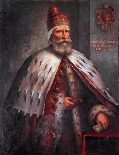 Retrato de Doge Sebastiano Venier (1496-1578), condottiere Ele liderou a frota veneziana com Francesco Duodo durante a batalha de Lepanto em 1571. Pintura de Andrea de 