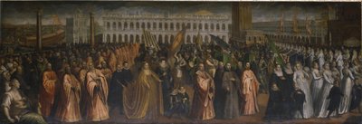 A Dogaressa Marina Morosini-Grimani deixa o Palazzo Grimani para sua coroação no Palazzo Ducale, Veneza de Andrea Vicentino