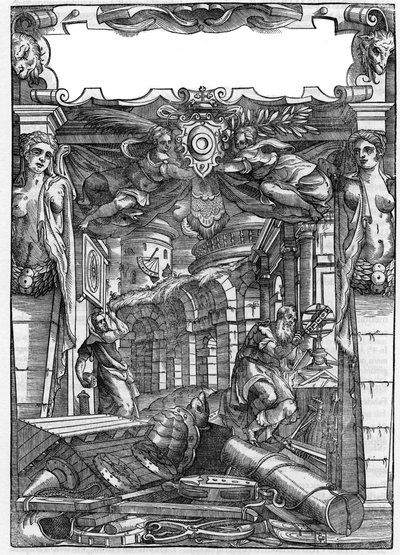 Placa retirada do livro "De architectura", trata da arquitectura de Marcus Vitrubius Pollio dit Vitruvio (século I a.C.), arquitecto romano. Edição italiana de 1556. Gravura após desenho de Palladio. de Andrea (after) Palladio