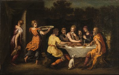Lote que entretém os Anjos (óleo sobre tela sobre painel de madeira) de Andrea Schiavone