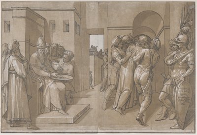 Cristo está sendo levado, soldados estão no lado direito do lençol, 1585. de Andrea Andreani