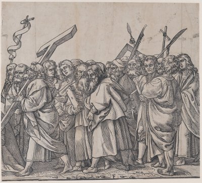 Seção F: Santos segurando cruzes, livros e armas, de O Triunfo de Cristo, 1836. de Andrea Andreani