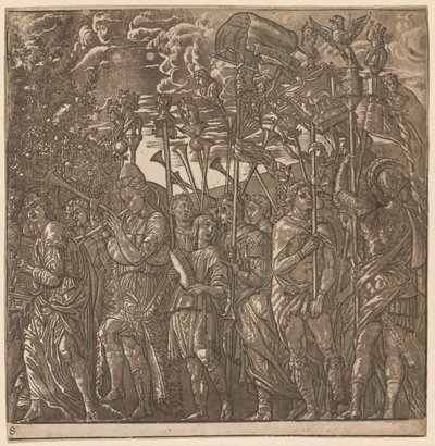 O triunfo de Júlio César: soldados carregando bandeiras e padrões, 1593-99. de Andrea Andreani