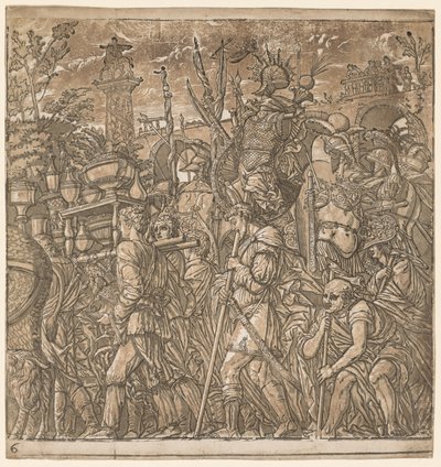 O triunfo de Júlio César: soldados carregando vasos e troféus de guerra, 1593-99. de Andrea Andreani