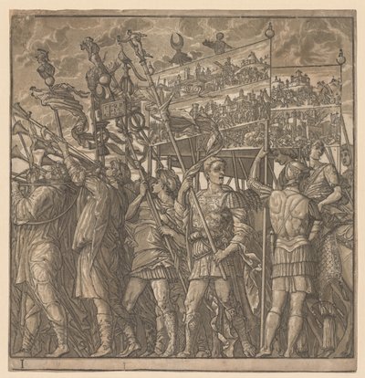 O triunfo de Júlio César: soldados carregando as imagens da guerra, 1593-99. de Andrea Andreani