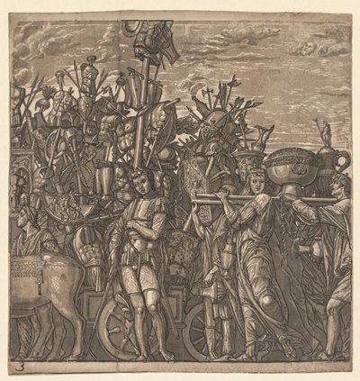O triunfo de Júlio César: soldados marchando com troféus de guerra, 1593-99. de Andrea Andreani