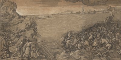 A travessia do mar vermelho, Moisés fica à esquerda apontando para o exército sendo submerso..., 1589. de Andrea Andreani