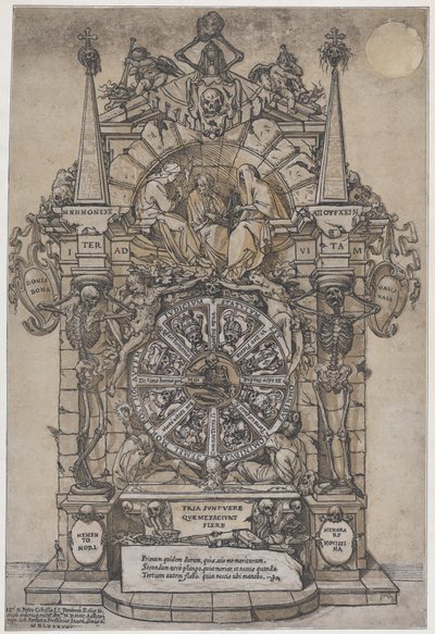 Triunfo da Morte com três destinos em uma moldura arquitetônica sobre um flanco de roda da fortuna..., 1588. de Andrea Andreani