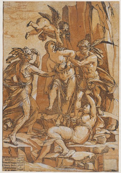 Virtude como jovem no centro de quatro figuras representando amor, erro, ignorância..., 1585. de Andrea Andreani