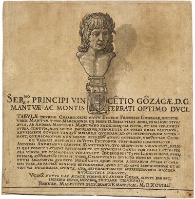 O triunfo de Júlio César: página de título de Andrea Andreani after Andrea Mantegna