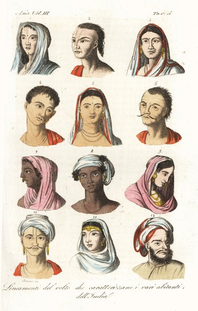 Retratos de diferentes castas indianas: Brahmins 1.2, Kshatriyas ou Khatri, Punjabi casta mercantil 3.4, Vaisyas 5.6, Sudras 7.8, Hindus da Alta Índia 9,10, e Mughals 11,12. Gravura em chapa de cobre colorida à mão por Andrea Bernieri depois de François So de Andrea Bernieri