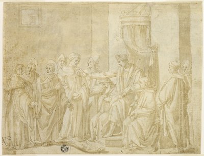 Santos Pedro e Paulo Disputando com Simão Mago diante de Nero (reto); Cinco cenas da história de Moisés (verso) de Andrea Boscoli