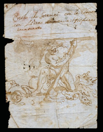 Esboço de design para vasestand, base representando Hércules com Hydra e Cerberus, Andrea Brustolon (1662-1732), caneta aquarelada sobre papel branco, Itália de Andrea Brustolon