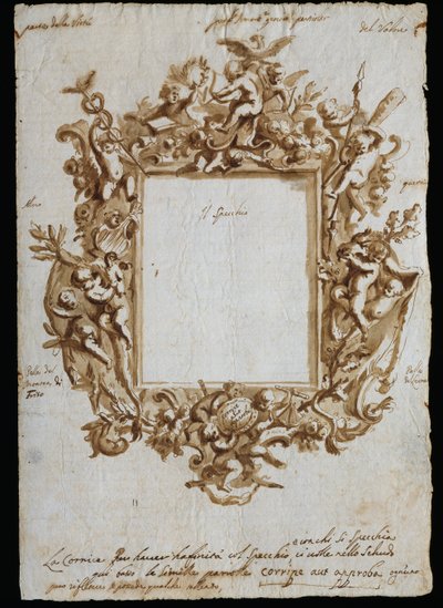 Desenho ortogonal para moldura alegórica, ca. 1700, de Andrea Brustolon (1662-1732), caneta aquarelada sobre papel branco, Itália de Andrea Brustolon