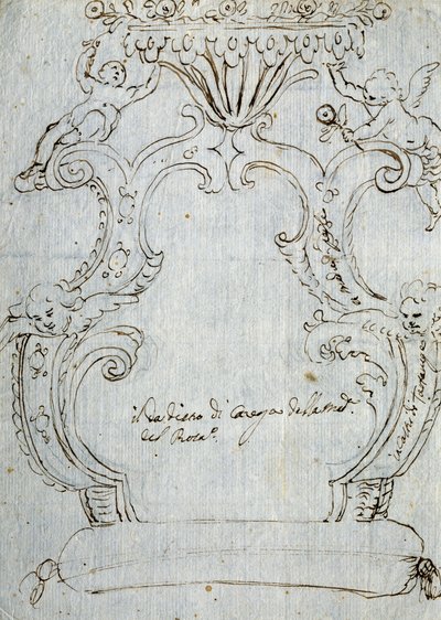 Sketch para costas de cadeira, ca. 1715, de Andrea Brustolon (1662-1732), lápis e caneta sobre papel branco, Itália de Andrea Brustolon