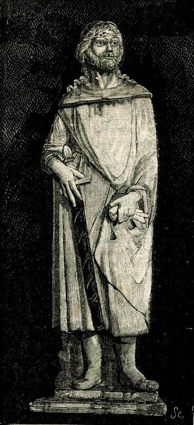 Juliano o Hospitaleiro, estátua de Andrea Della Robbia (1435-1525 ou 1528), oratório da Madonna del Buon Consiglio, Prato, Toscana, Itália, xilogravura de Le cento citta d