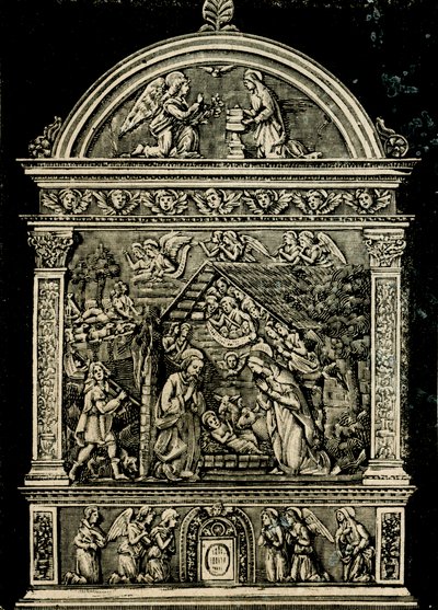 Natividade, retábulo em terracota de Andrea della Robbia, da igreja de Santa Clara, Museu Cívico de Sansepolcro, Toscana, Itália, xilogravura de Le cento citta d