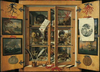 Gabinete de curiosidades (com portas de vidro) com vários objectos, por Andrea Dominico Remps (1621-1699). de Andrea Domenico Remps