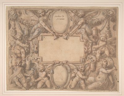 Uma cartela e dois escudos cercados por figuras alegóricas., 1570-1631. de Andrea Lilli