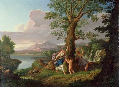Paisagem do rio com uma ninfa arrancando um galho de uma árvore sangrando de Andrea Locatelli