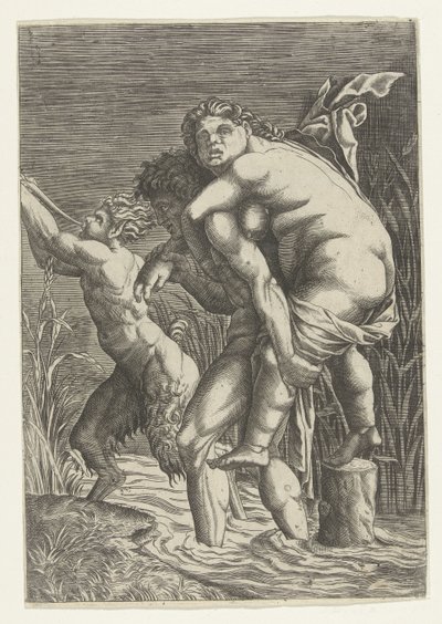O homem carrega a mulher às costas e um sátiro de Andrea Mantegna (school of)