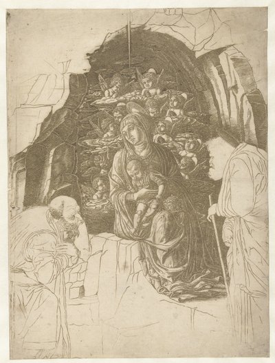 Maria e criança rodeadas de anjos em caverna com José e rei em adoração de Andrea Mantegna (school of)