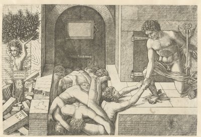 Mercúrio como personificação da Virtude salva almas no Limbo e Daphne se transforma em árvore Virtus Deserta (título no objeto) de Andrea Mantegna (school of)