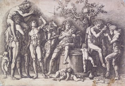 Um bacanal com uma prensa de vinho, c. 1475 de Andrea Mantegna