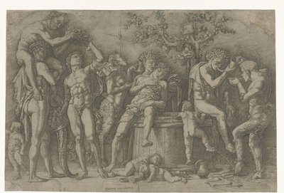 Bacanal com sátiros e bacanais em lagar de vinho de Andrea Mantegna