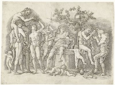 Bacanal com sátiros e bacanais em lagar de vinho de Andrea Mantegna