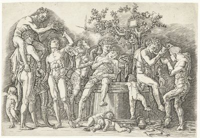 Bacanal com sátiros e bacanais em lagar de vinho de Andrea Mantegna