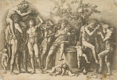 Bacanal com uma cuba de vinho, c.1470-90 (gravura e ponta seca) de Andrea Mantegna