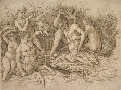 Batalha dos Deuses do Mar metade direita, ca. 1485-88. de Andrea Mantegna