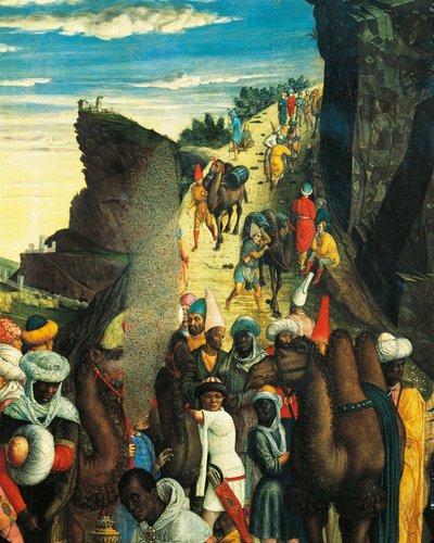 Detalhe da Adoração dos Magos representando a caravana dos Magos, de Andrea Mantegna de Andrea Mantegna