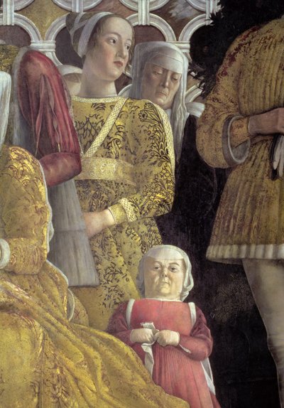 Anão e outros cortesãos do retrato de grupo da família e tribunal de Marchese Ludovico Gonzaga III de Mântua, da Câmara degli Sposi ou Camera Picta, 1465-74 detalhe afresco de 78449 de Andrea Mantegna