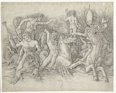 Batalha entre sátiros cavalgando hipocampos e velha como personificação da inveja em pé nas costas do dragão Batalha dos Deuses do Mar de Andrea Mantegna