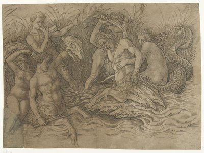 Luta entre tritões com nereidas nas costas
Batalha de deuses marinhos de Andrea Mantegna