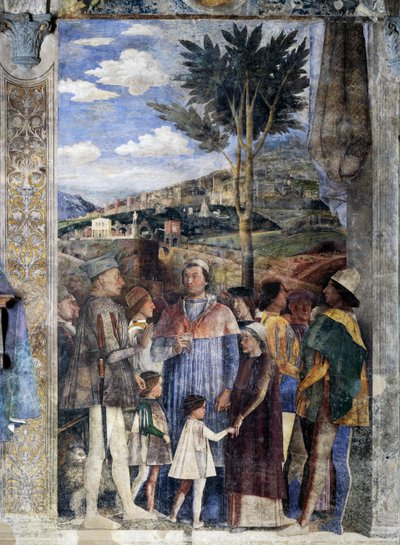 L. Gonzaga, seus filhos Cardeal Francesco Gonzaga, Federico I Gonzaga, Francesco, Sigismondo, à direita, Santo Imperador Romano Frederico III, Christian I da Dinamarca, Muro de encontro, detalhe (fresco) de Andrea Mantegna