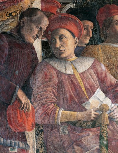 Ludovico Gonzaga e o conselheiro Marsilio Andreasi, detalhe de Court Wall de Andrea Mantegna (1431-1606), fresco, Castelo de San Giorgio, Câmara de Casamento ou Camera Picta, Mântua de Andrea Mantegna