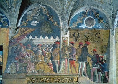 O marquês Ludovico Gonzaga III, sua esposa Barbara de Brandemburgo, seus filhos, cortesãos e seu cão Rubino, da Camera degli Sposi ou Camera Picta, 1465-74 de Andrea Mantegna