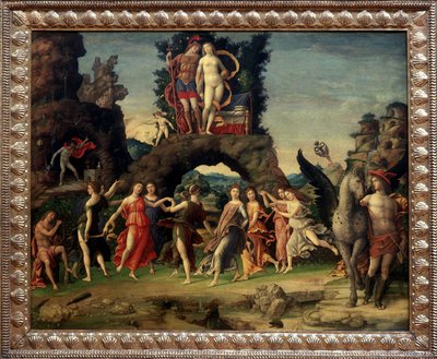 Marte e Vénus ou The Parnassus. Pintura retratando Marte e Vénus na Rocha, Pegase e Mercúrio, Apolo e as nove musas Calliope (poesia épica), Clio (história), Erato (arte lírica), Euterpe (música), Melpomene (tragédia), Polymnie (retórica), Terpsichore de Andrea Mantegna
