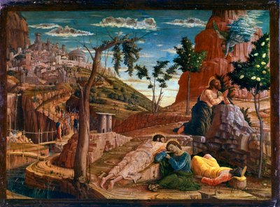 Oração no Jardim das Oliveiras Após a última ceia, Cristo vai ao monte do Getsêmani, que domina Jerusalém com os Apóstolos. Soldados romanos se aproximam para detê-lo. Altarpe de San Zeno de Verona. Pintura (tempera) sobre madeira por Andrea Man de Andrea Mantegna