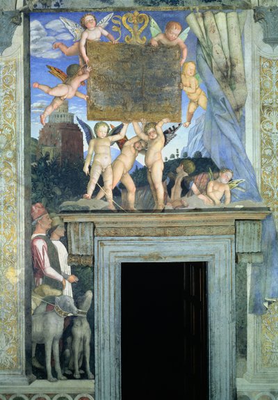 Putti com asas de borboleta apoiando a placa dedicatória com cães de caça e seus manipuladores abaixo, da Camera degli Sposi ou Camera Picta, detalhe afresco 1465-74 de 78449 de Andrea Mantegna