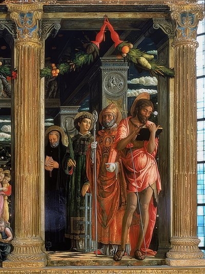 Altar de San Zeno. Lado direito. 1457-1460. O detalhe mostra João Batista, Laurêncio de Roma, Agostinho de Hipona e Bento de Núrsia de Andrea Mantegna