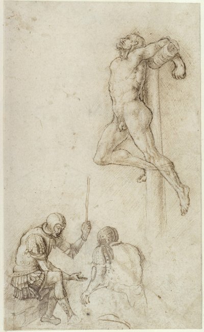 Ladrões na cruz, com dois soldados em baixo a jogar aos dados de Andrea Mantegna
